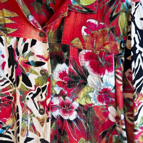 Chicos 100% Linen Bold Maximalist Button Front Mixed Print Floral Top Size 2/MD - Picture 4 of 8
